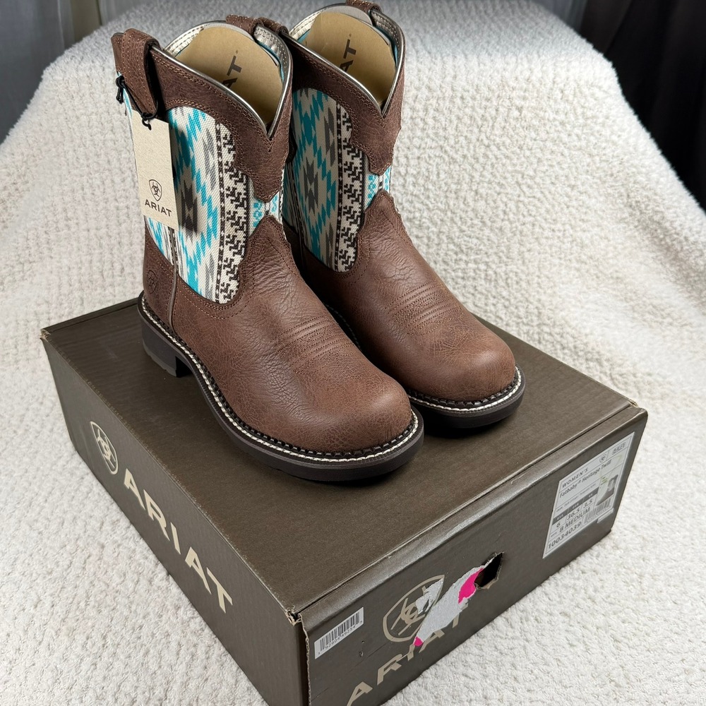 Ariat Womens Size 6 NIB Fatbaby Heritage Twill Boots Brown Turquoise Aztec Rodeo